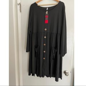 Black Skater Shirt Dress with Wood Buttons